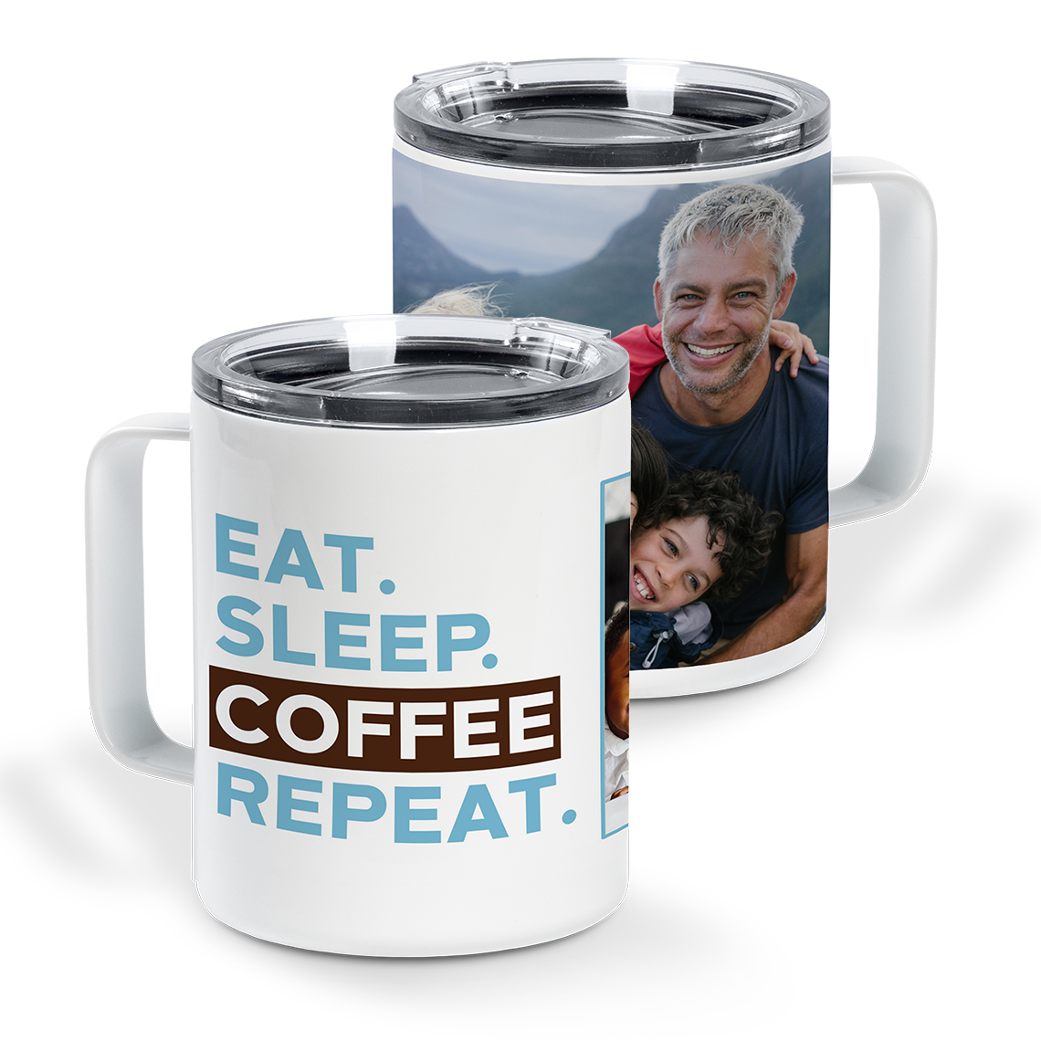 ANY PHOTO MESSAGE TEXT STAINLESS TRAVEL MUG WHITE  SILVER PERSONALISE FREE 